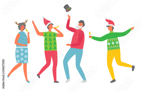 Colleagues at corporative, isolated vector. Cheerful people celebrating Christmas party. Cartoon man with glass of champagne, woman in horns accessory dancing