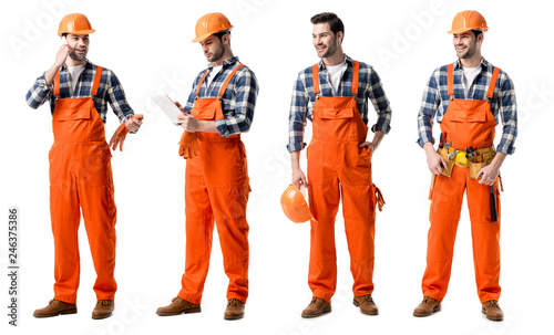 collage of handsome repairman in orange uniform writing in notebook and talking on smartphone isolated on white
