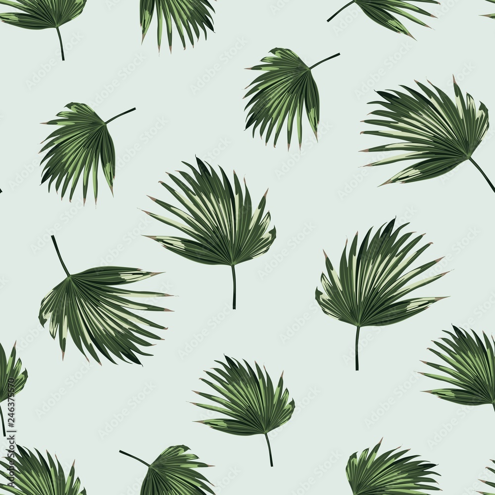 Tropical background with jungle plants. Seamless tropical pattern with palm leaves. Light blue background.