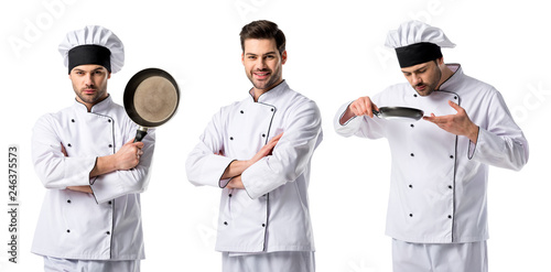 collage of handsome chef in white uniform smiling and holding frying pan isolated on white