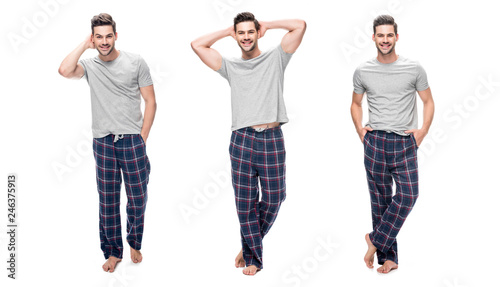 collage of handsome relaxing young man in pajama standing and smiling isolated on white