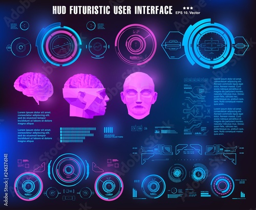 HUD medical virtual graphic touch user interface. Brain scanning accurate facial recognition biometric technology. 3D Low Poly brain scanning,