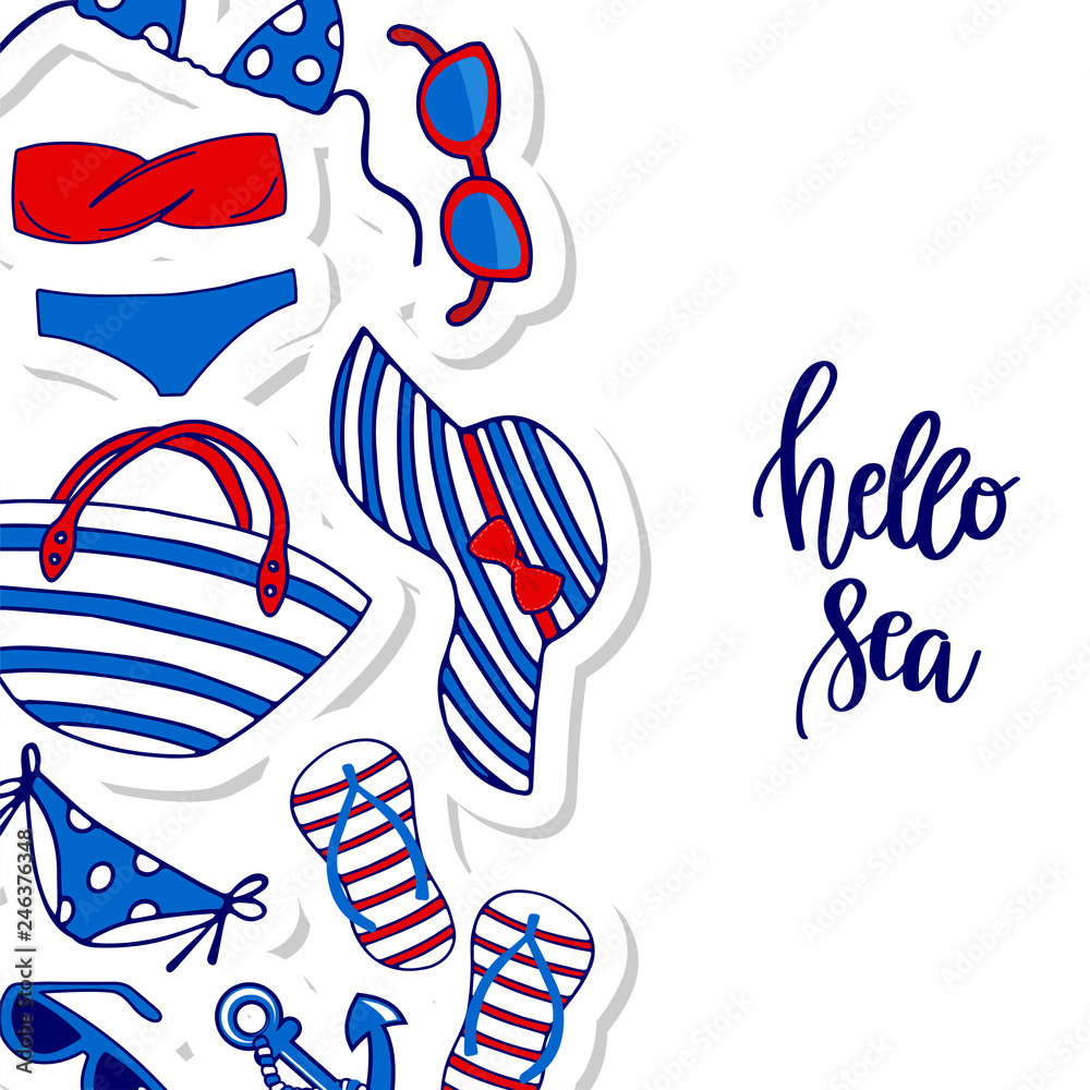 Obraz premium Striped blue, white and red beach accessories in a marine style. Female summer bikini swimsuit, hat, bag, sunglasses, flip flops,