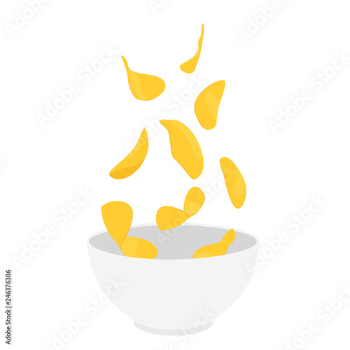 Falling tasty potato chips in a bowl isolated on white background. Fast food party food