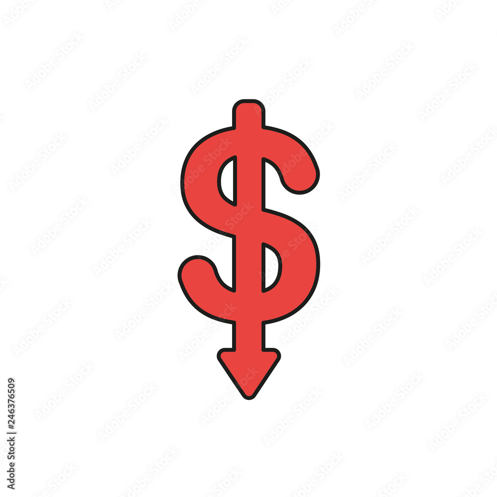 Flat design style vector concept of dollar symbol icon with arrow pointing down on white. Colored, black outlines. Flat design style vector concept of dollar symbol icon with arrow pointing down on white. Colored, black outlines.