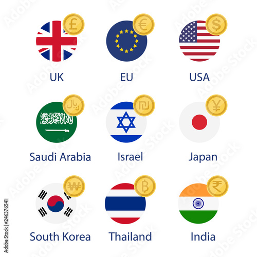 World currency flags and symbol coins set, collection