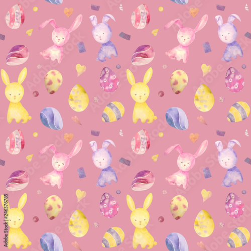 Cute baby easter rabbit seamless pattern, illustration for children clothing. Watercolor Hand drawn