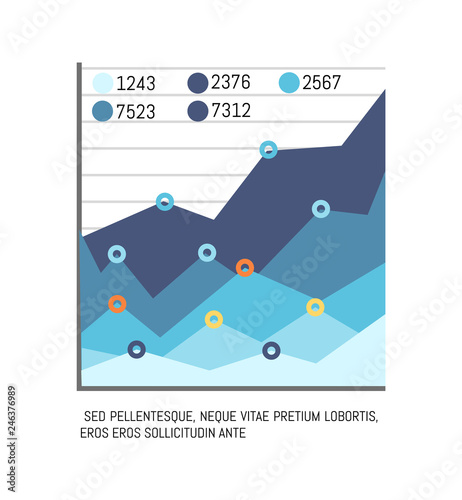 Infographic with text and figures, statistics chart vector. Growing flowchart and explanation, numerical data with figures. Increasing scheme layout