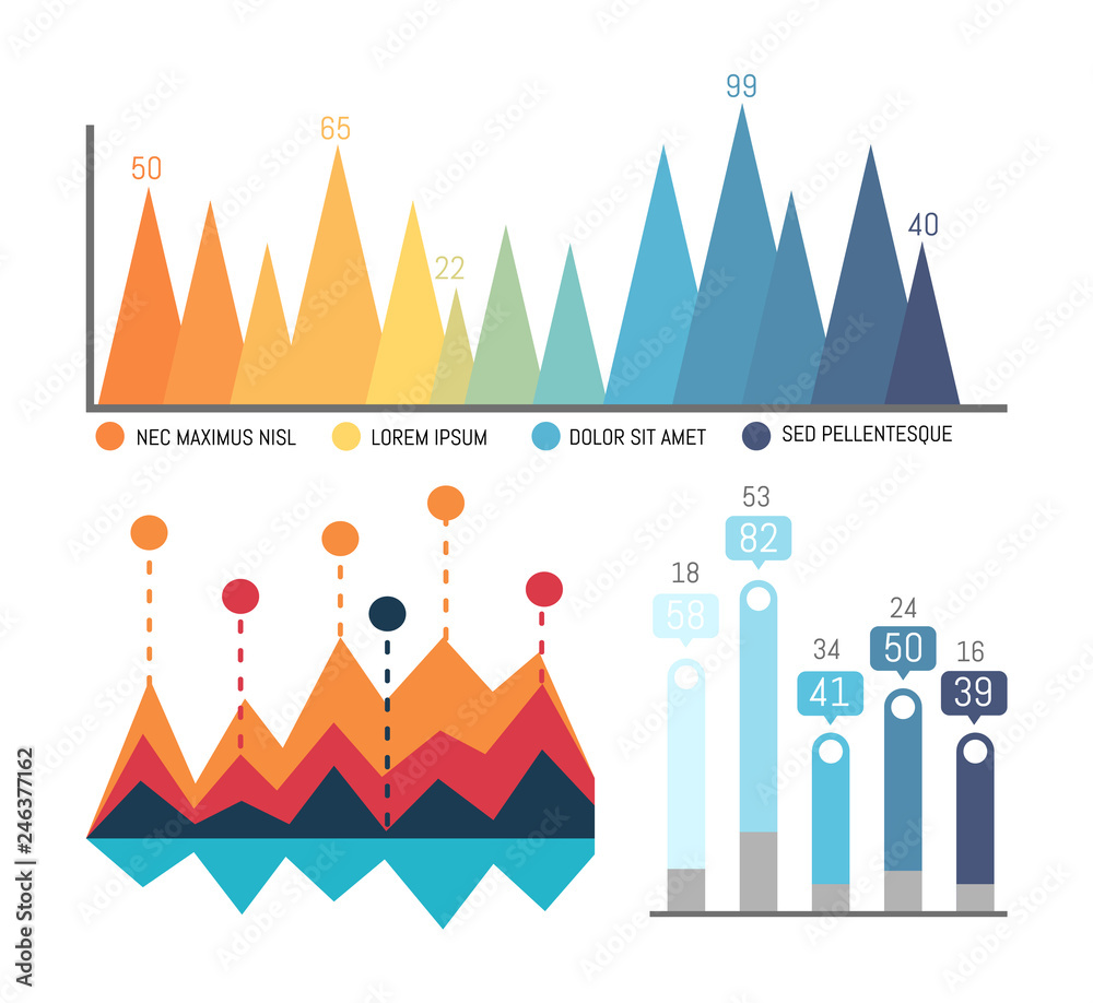 Infographics and flowcharts, tables and scales vector. Scheme with color distinguishing information. Visualization and comparison of data in graphics