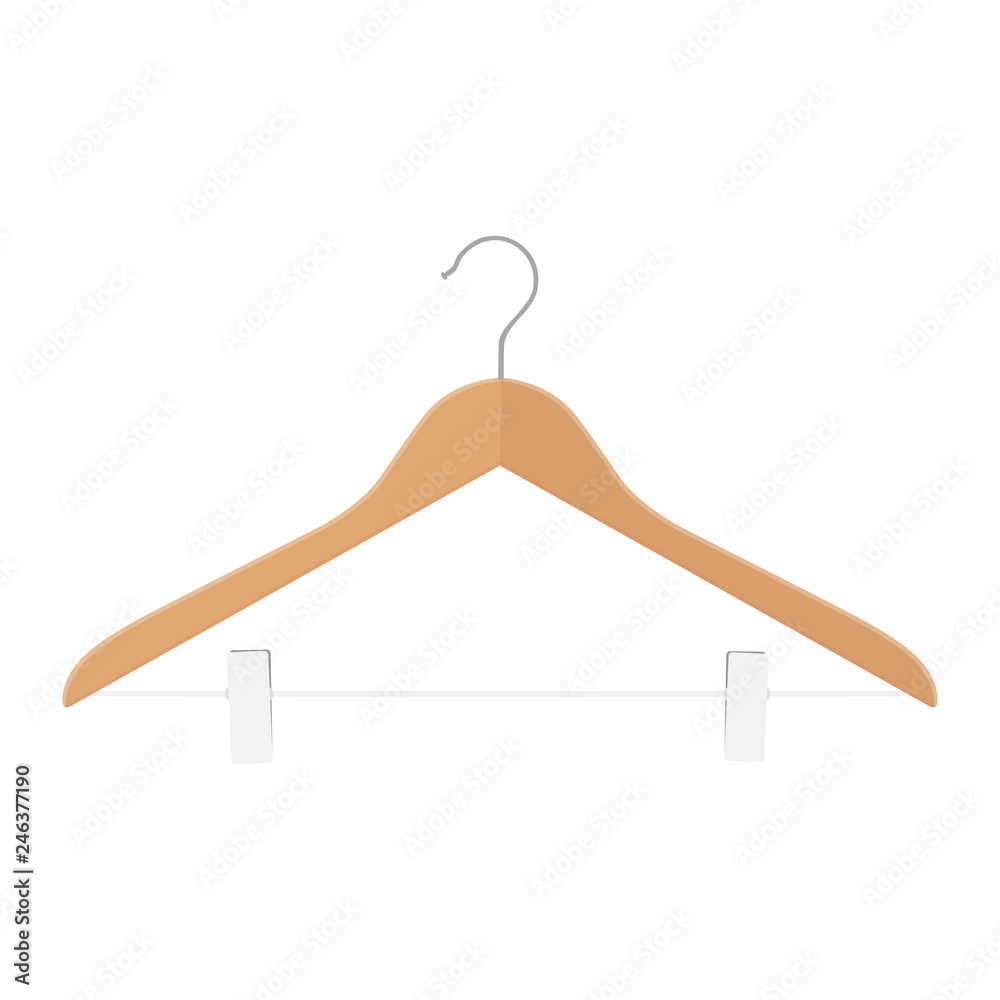 Wooden coat hanger with clips, clothes hanger on a white background. Wooden coat hanger with clips, clothes hanger on a white background.
