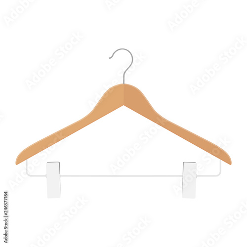 Wooden coat hanger with clips, clothes hanger on a white background.