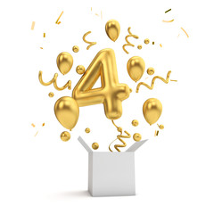 Happy 4th birthday gold surprise balloon and box. 3D Rendering