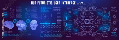 Brain scanning accurate facial recognition biometric technology. HUD medical virtual graphic touch user interface.