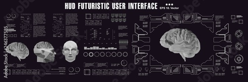 Brain scanning accurate facial recognition biometric technology. 3D Low Poly brain scanning, HUD medical virtual graphic touch user interface.