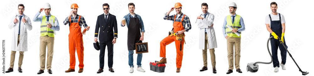collage of handsome man showing different professions isolated on white - obrazy, fototapety, plakaty 