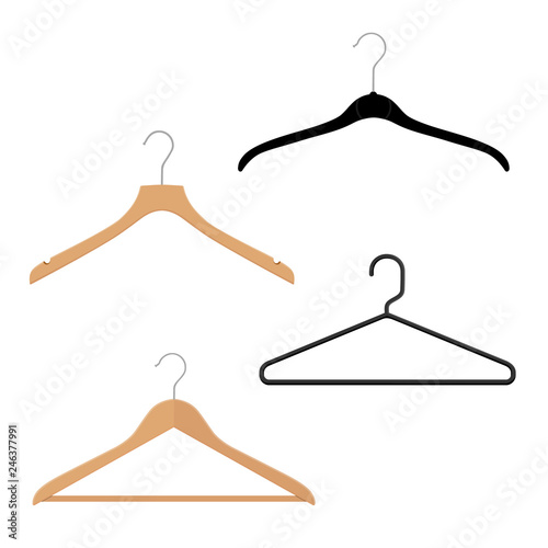 Wooden, plastic and metal wire coat hangers, clothes hanger on a white background