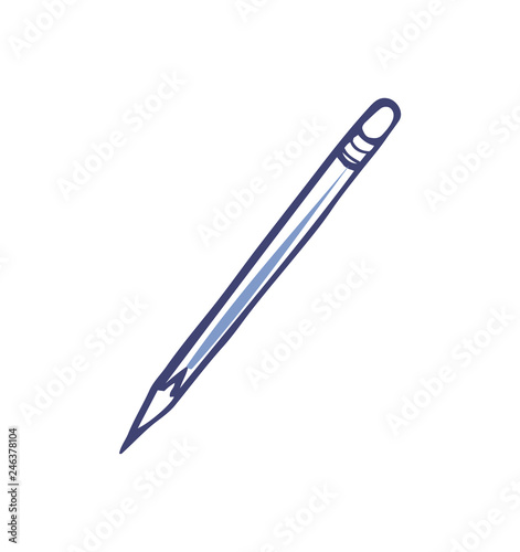 Pencil with eraser on top isolated icon vector. Monochrome sketch outline line of writing device. Sharp pointer of office supply to record info down