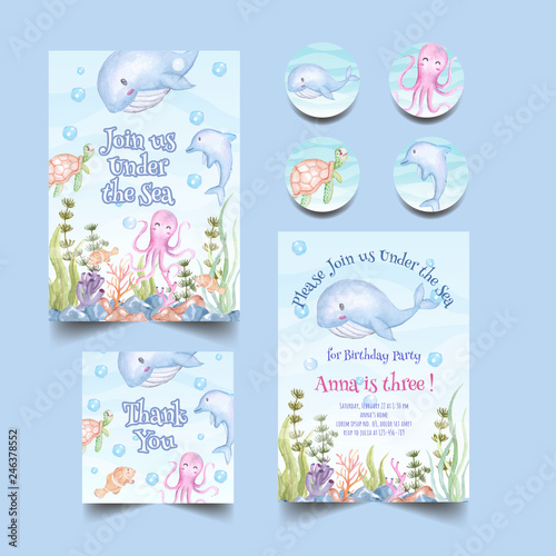 birthday party invitation with cute animal under the sea