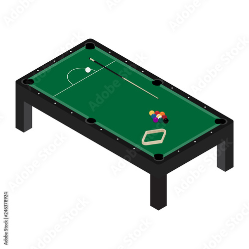Vector illustration realistic pool table with set of billiard balls and cue. Billiard table with green cloth isometric 3d perspective