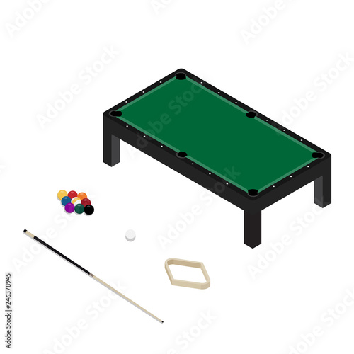 Vector illustration realistic pool table with set of billiard balls and cue. Billiard table with green cloth isometric 3d perspective