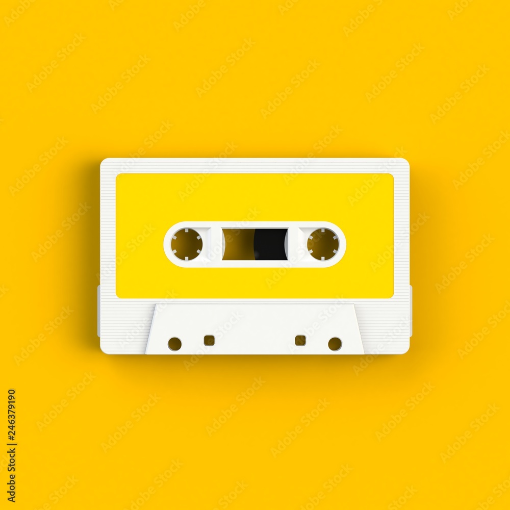 Close up of vintage audio tape cassette illustration on yellow background, Top view with copy space, 3d rendering