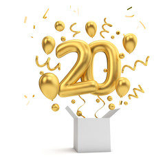 Happy 20th birthday gold surprise balloon and box. 3D Rendering