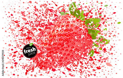 Strawberry with a splash of fresh juice. Explosion delicious berry and splashes of ripe juicy fruit. White background vector Illustration