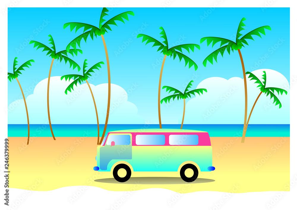 Summer travel concept, vacation with vintage van, Illustration