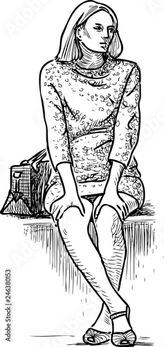 A sketch of a pensive townswoman sitting on a street bench