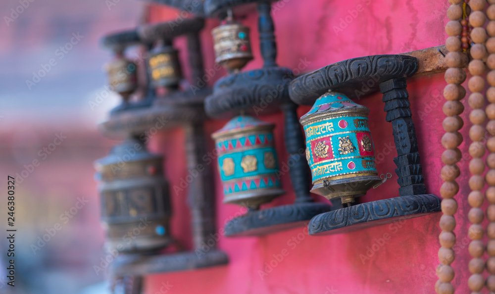Prayer wheels, Market, Bhaktapur City, Kathmandu Valley, Nepal, Asia, Unesco World Heritage Site