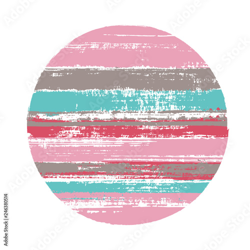 Abrupt circle vector geometric shape with stripes texture of ink horizontal lines. Disk banner with old paint texture. Emblem round shape circle logo element with grunge stripes background.