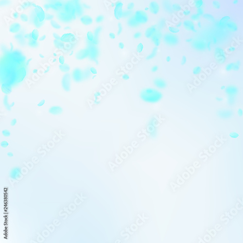 Turquoise flower petals falling down. Adorable rom
