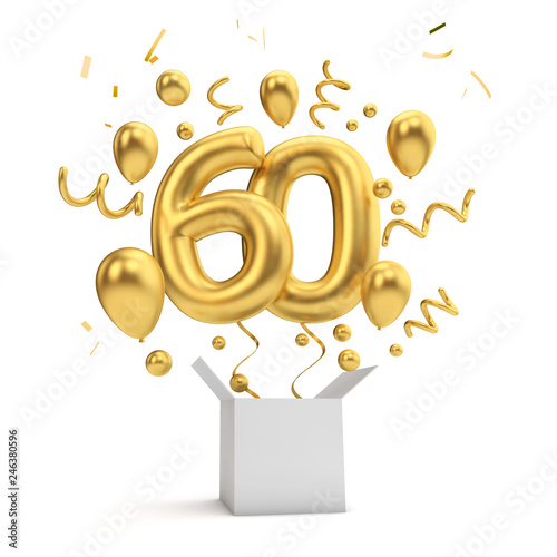 Happy 60th birthday gold surprise balloon and box. 3D Rendering photo