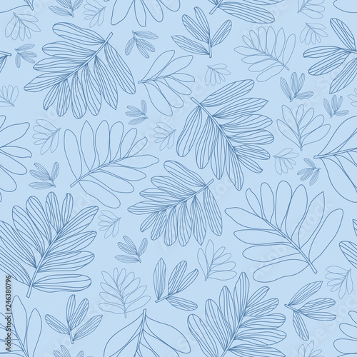 Vector line art leaves seamless pattern, baby blue, wallpaper, backgrounds, wallpaper