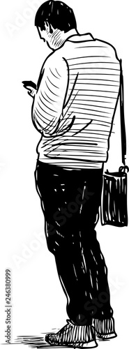 Sketch of a casual man with a mobile phone