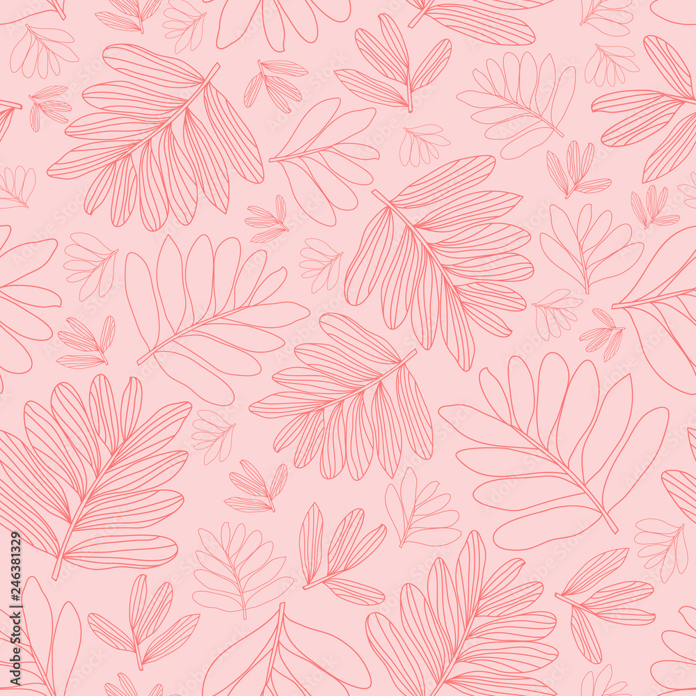 Vector line art leaves seamless pattern on baby pink color, wallpaper ...