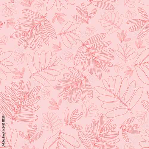 Vector line art leaves seamless pattern on baby pink color, wallpaper, backgrounds, fabric design