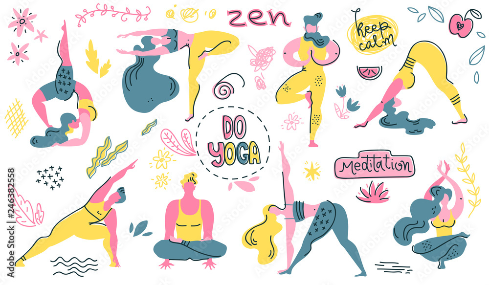 Flat vector collection of yoga asanas. Men and women engage in yoga. 