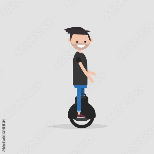 Happy smiling character riding monowheel. Modern technology vector cartoon illustration