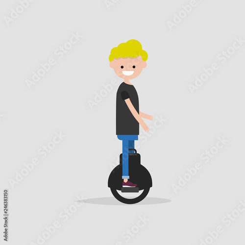 Happy smiling character riding monowheel. Modern technology vector cartoon illustration