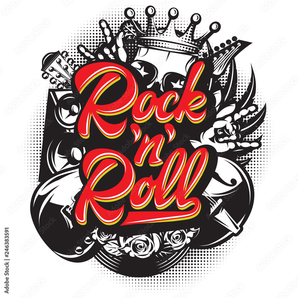 Stylish vector template for printing on the theme of rock music with a calligraphic inscription rock n roll
