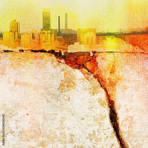 Surreal city skyline with cracks in sepia tones. Brescia, Italy.