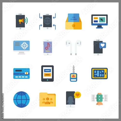 16 wireless icon. Vector illustration wireless set. computer and shared folder icons for wireless works