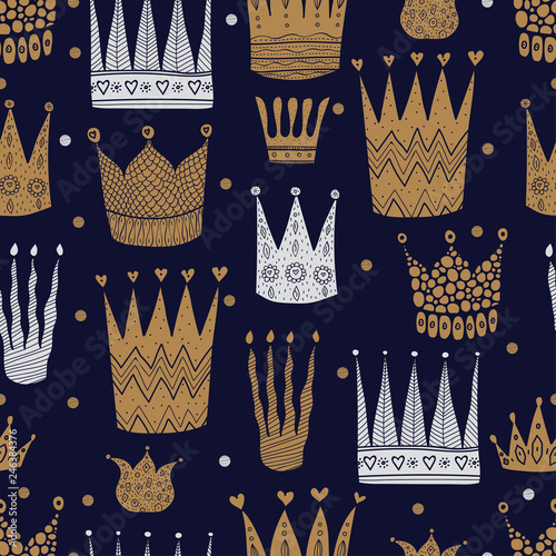 Gold and silver crown and polka dot. Cute seamless pattern.