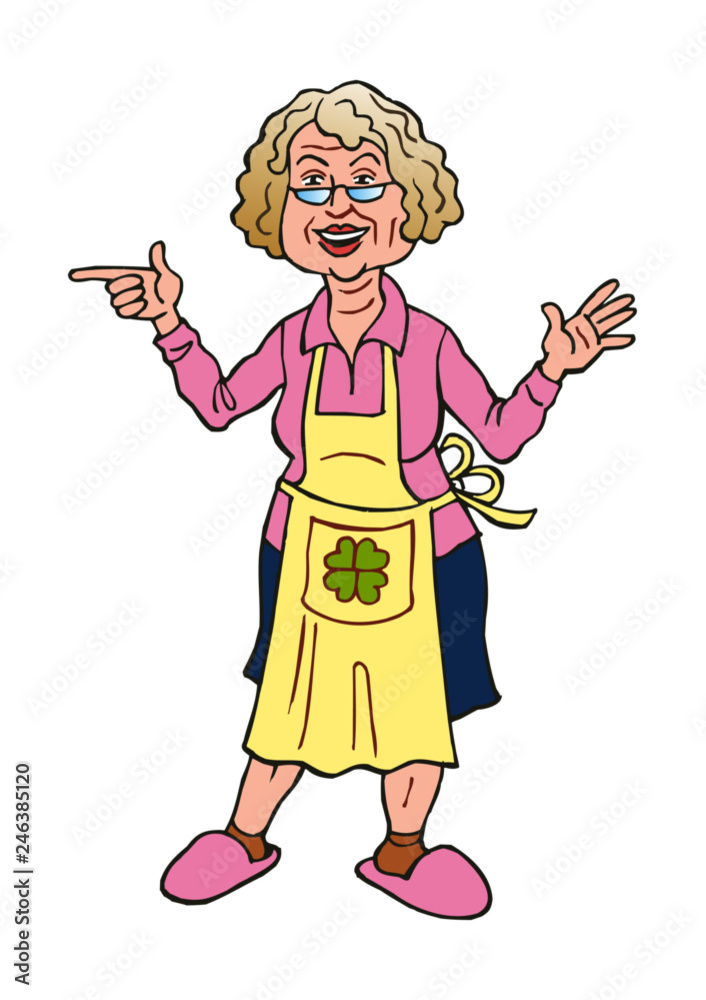 Vettoriale Stock Grandma in apron with cloverleaf and with slippers,  pointing his finger | Adobe Stock