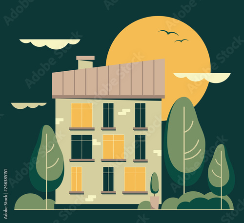 Vector flat City night landscape. Cartoon building.