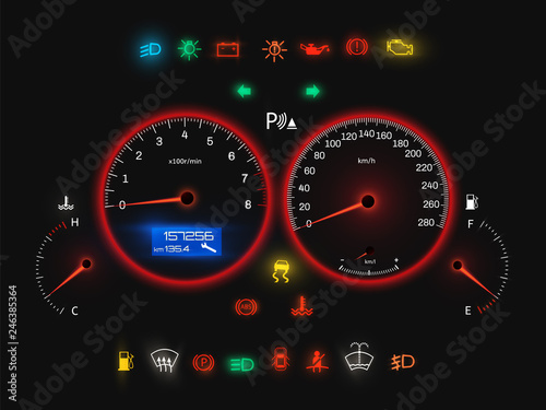 Car speedometer, modern auto panel realistic view