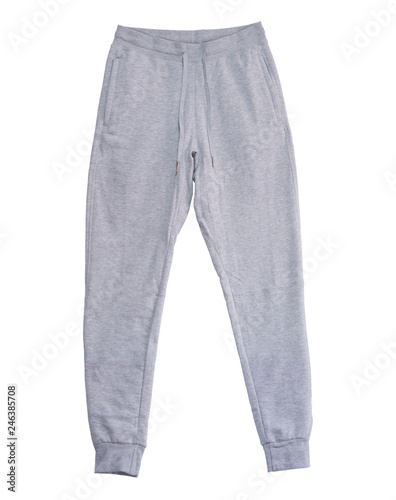 Blank training jogger pants color grey front view on white background photo