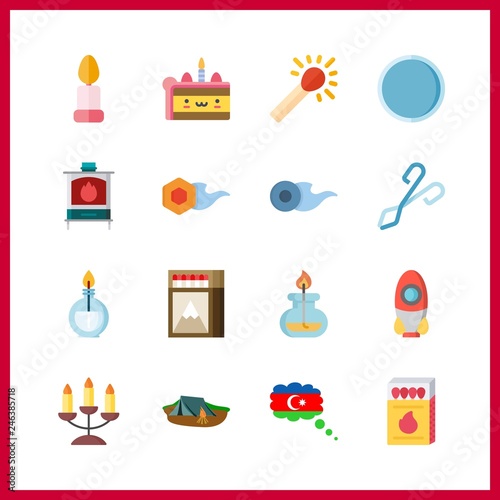 16 flame icon. Vector illustration flame set. matches and candle icons for flame works