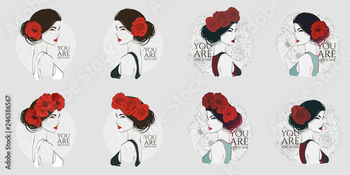 Portrait of young beautiful woman with red rose in hair. Vector hand drawn illustration.